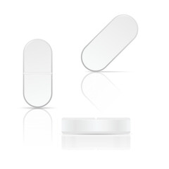 White oval pills on white background. Vector illustration with shadow and reflect