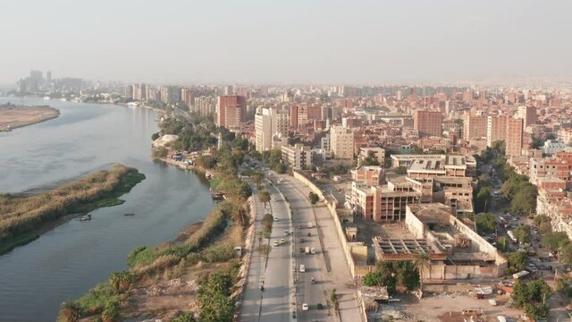 Aerial view of Cairo. River Nile and city skyilne in sunny day, Maadi - Cairo
