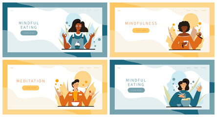 Set of landing pages with people practicing mindful walking exercise in nature and leaves. Concept illustration for meditation, relax, recreation, healthy lifestyle, mindfulness practice.