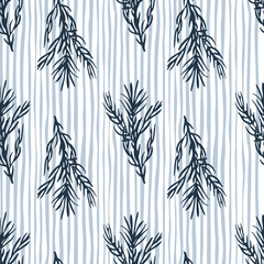 Navy blue colored rosemary branches silhouettes seamless pattern. Light striped background.