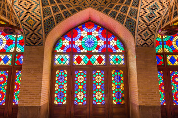  Colorful shining stained glass windows of Nasir Al-Mulk Mosque (Pink Mosque) in Shiraz, Iran.