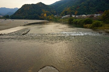 View Of Nishiki river from Kintai bridge in Iwakuni, Yamaguchi prefecture,  Japan - 山口県 錦川 田園風景