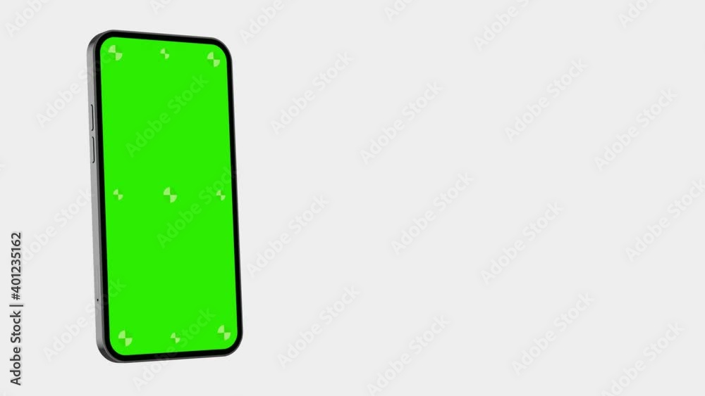 Wall mural smartphone blank green screen with indicators flies into the frame from right. alpha matte included 