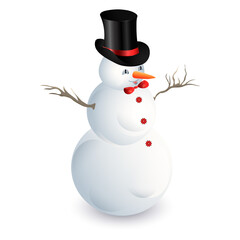 Vector illustration with a smiling Christmas snowman, in a top hat with a bow tie..