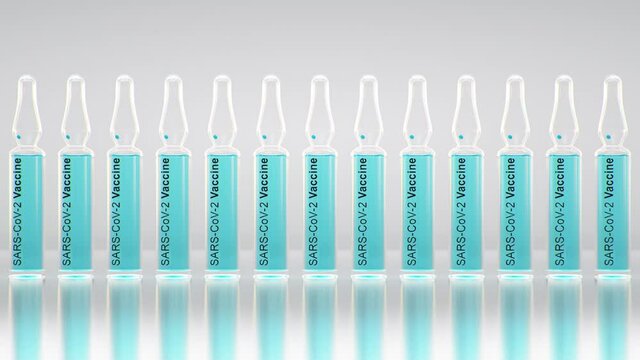 Coronavirus Covid -19 vaccine ampula. SARS-CoV-2. Vaccine batch 3d rendering animation. Seamless loop 4k