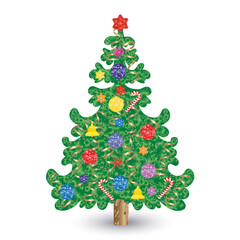 Vector Christmas illustration with a sparkling beautiful Christmas tree decorated with toys: balls, stars, bells, serpentine..