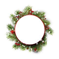 White round frame with green spruce branches.