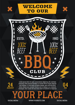 Barbecue party flyer. BBQ club poster template design. Summer barbeque editable card. Stock vector illustration