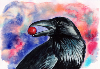Watercolor picture of a black raven with red berry in its beak

