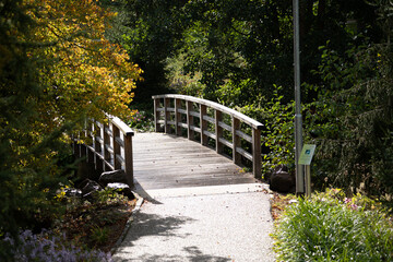 a wooden bridge across a lake in a park with trees in the colors of autumn