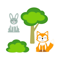 Felt toys. A Fox, a hare, a Bush and a tree. Forest animals in their natural habitat. 