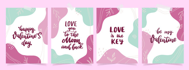 creative set of Valentine's day cards, posters, prints, banners, templates, etc. Hand lettering quotes decorated with floral elements and abstract memphis background. Social media design. EPS 10 
