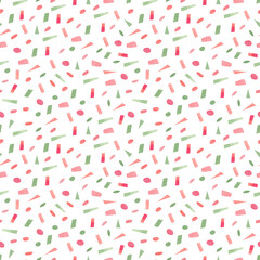 Seamless watercolor abstract pattern with pink, red, green confetti forchristmas, valentines day, children decor, fabric, wrapping paper
