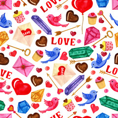 Watercolor hand painted illustration. Seamless pattern with hearts. For card, design, print or background.for a print, postcard, poster for Valentine's day, birthday, February 14. 