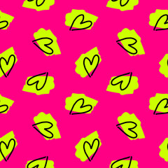 Hand drawn creative seamless pattern with hearts. Heart on paint brush stroke. Pink and yellow. St.Valentine's Day decor, beauty makeup package design, fashion background, style cloths print.
