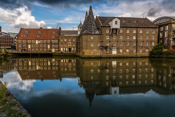 A view of the Three Mills, part of the oldest tidal mills complex in the world in Lee Valley, London in the summertime