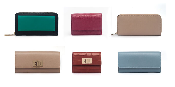 set of multicolored leather wallets isolated on white background
