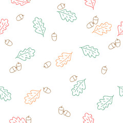 Hand drawn set of acorns and oak leaves as a background. Color seamless pattern. Vector illustration