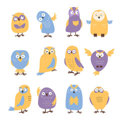 Owls. Vector set of different funny owls. Doodle style. Freehand drawing.