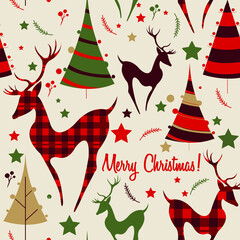 Christmas seamless pattern Vector background with deers and christmas tree Wrapping paperor wallpaper design