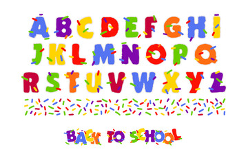The alphabet. Children's font in cartoon style . A set of colorful bright letters for inscriptions. Colored letters with an outline on a white background. Vector illustration of the alphabet.