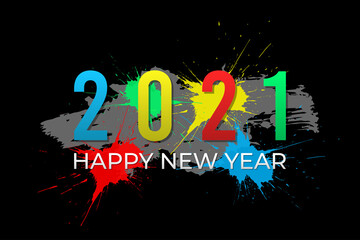 2021 Happy New Year Text with Colorful Decorative Grunge Paint Brush Ornaments isolated on Black Background. Flat Vector Illustration Design Template Element for Greeting Cards.