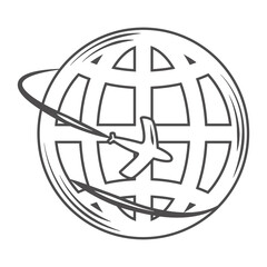 globe map plane flying around world thin line design icon