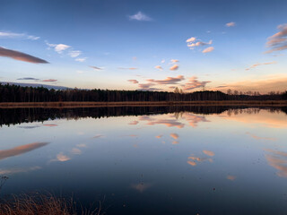 Winter sundown at ponds in Myszkow Poland.