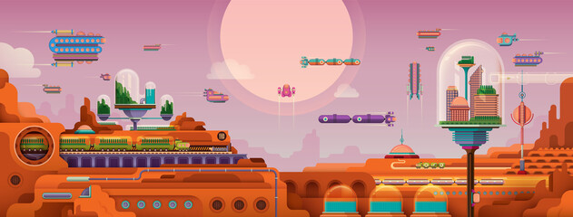 Mars landscape illustration with human settlement, flying vehicles and infrastructure. Colonization of Mars. Vector illustration. © Radoman Durkovic
