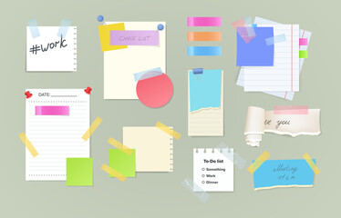 Paper notes on stickers, reminders notepads, memo messages torn paper sheets attached with transparent tape. Office torn pieces for write short notes, messages of meeting reminder, to-do list