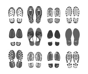 Human footprint. Footwear steps silhouette, shoes, boots, sneakers footstep print of men and women, textured steps. Dirty shoes print, shoes footprints on asphalt and ground, step silhouette