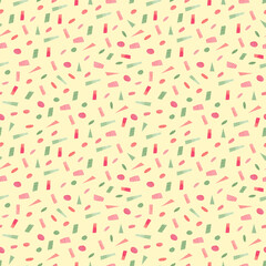 Seamless abstract yellow watercolor pattern with pink, red, green confetti forchristmas, valentines day, children decor, fabric, wrapping paper