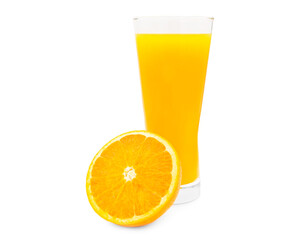 Orange juice in a tall glass  And there is an orange fruit that has been cut in half to see the inside  On white background