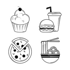 restaurant icon set cupcake burger soda pizza and noodles in line style