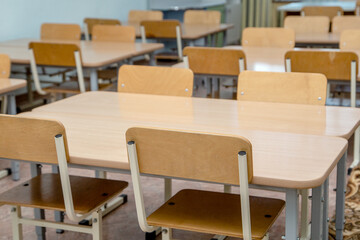  board, cafe, campus, chair, class, college, desk, education, empty, furniture, indoors, interior, knowledge, learn, lesson, meeting, modern, n desks without students in the classroom