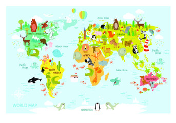 Vector map of the world with cartoon animals for kids. Europe, Asia, South America, North America, Australia, Africa. Lion, crocodile, kangaroo. koala, whale, bear, elephant, shark, snake, toucan.