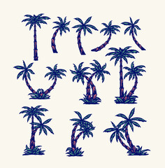 Set of palm trees, hand drawn line style with digital color, vector illustration