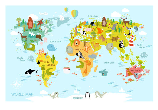 Map of the world with cartoon animals for kids. Europe, Asia, South America, North America, Australia, Africa. Lion, crocodile, kangaroo. koala, whale, bear, elephant, shark, snake, toucan. © olga