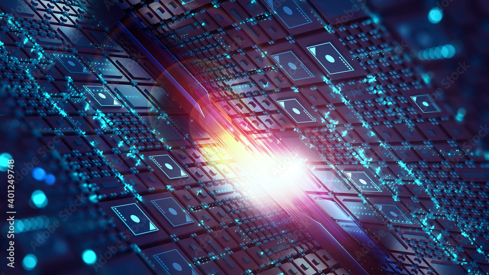 Leinwandbilder Digital city in hitech. Circuit board and hardware 3d illustration. Wireless internet technologies. Database protection and secure transmission of information on blockchain network