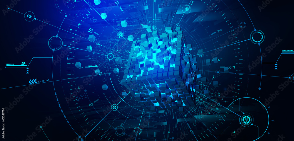 Poster Blockchain hi tech. Information blocks form a decentralized global database structure. 3D illustration of nanotech cubes in cyberspace