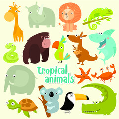 Big set of vector animals. Tropical animals. cartoon animals. lion, giraffe, gorilla, crab, shark, snake, elephant, rhinoceros, parrot, koala, kangaroo, crocodile, turtle

