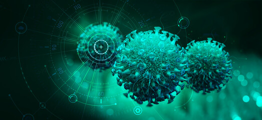 Virus inside organism. Replication and mutation of viruses. Macro 3D illustration. Microbiology and Virology as a Science of Future
