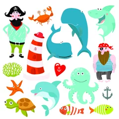 Fotobehang Piraten Vector mariene reeks. stripfiguren. een tekenfilmpiraat. mode dieren. walvis, haai, vis, octopus, schildpad, dolfijn, krab. vuurtoren