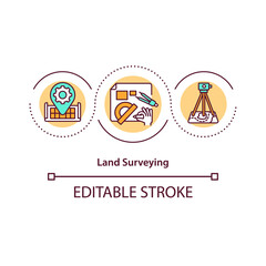 Land surveying concept icon. Maps creation and plot boundaries determination idea thin line illustration. Measuring distances, directions. Vector isolated outline RGB color drawing. Editable stroke