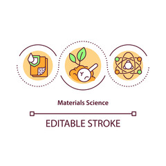 Materials science concept icon. Studying solid materials properties idea thin line illustration. Atoms structure. Chemical engineering. Vector isolated outline RGB color drawing. Editable stroke