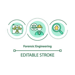 Forensic engineering concept icon. Failures and performance problems investigation idea thin line illustration. Legal activity. Vector isolated outline RGB color drawing. Editable stroke