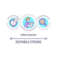 Safety inspector concept icon. Inspecting working and health conditions idea thin line illustration. Organizations and equipment checkup. Vector isolated outline RGB color drawing. Editable stroke