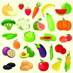Vector set of vegetables, fruits and berries. potato, carrot, tomato, cucumber, cabbage, broccoli, avocado, corn, eggplant, zucchini, watermelon, apple, pear, peach, passion fruit, papaya, strawberry