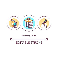 Building code concept icon. Building regulations idea thin line illustration. Standards for constructed objects. Public health protection. Vector isolated outline RGB color drawing. Editable stroke