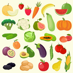 Big set of vegetables, fruits and berries. potato, carrot, tomato, cucumber, cabbage, broccoli, avocado, corn, eggplant, zucchini, watermelon, apple, pear, peach, passion fruit, papaya, strawberry